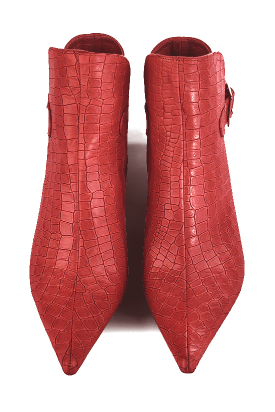 Scarlet red women's ankle boots with buckles at the back. Pointed toe. Medium block heels. Top view - Florence KOOIJMAN